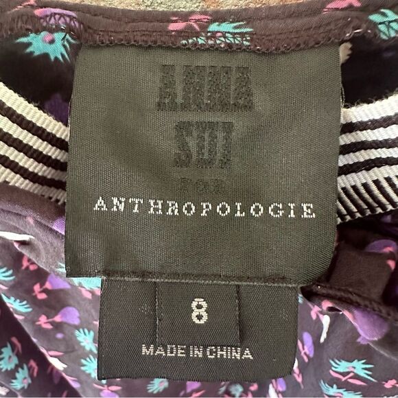 Anna Sui Anthropologie Silk Blend Mini Dress Women’s 8 Black Print - Picture 4 of 8
